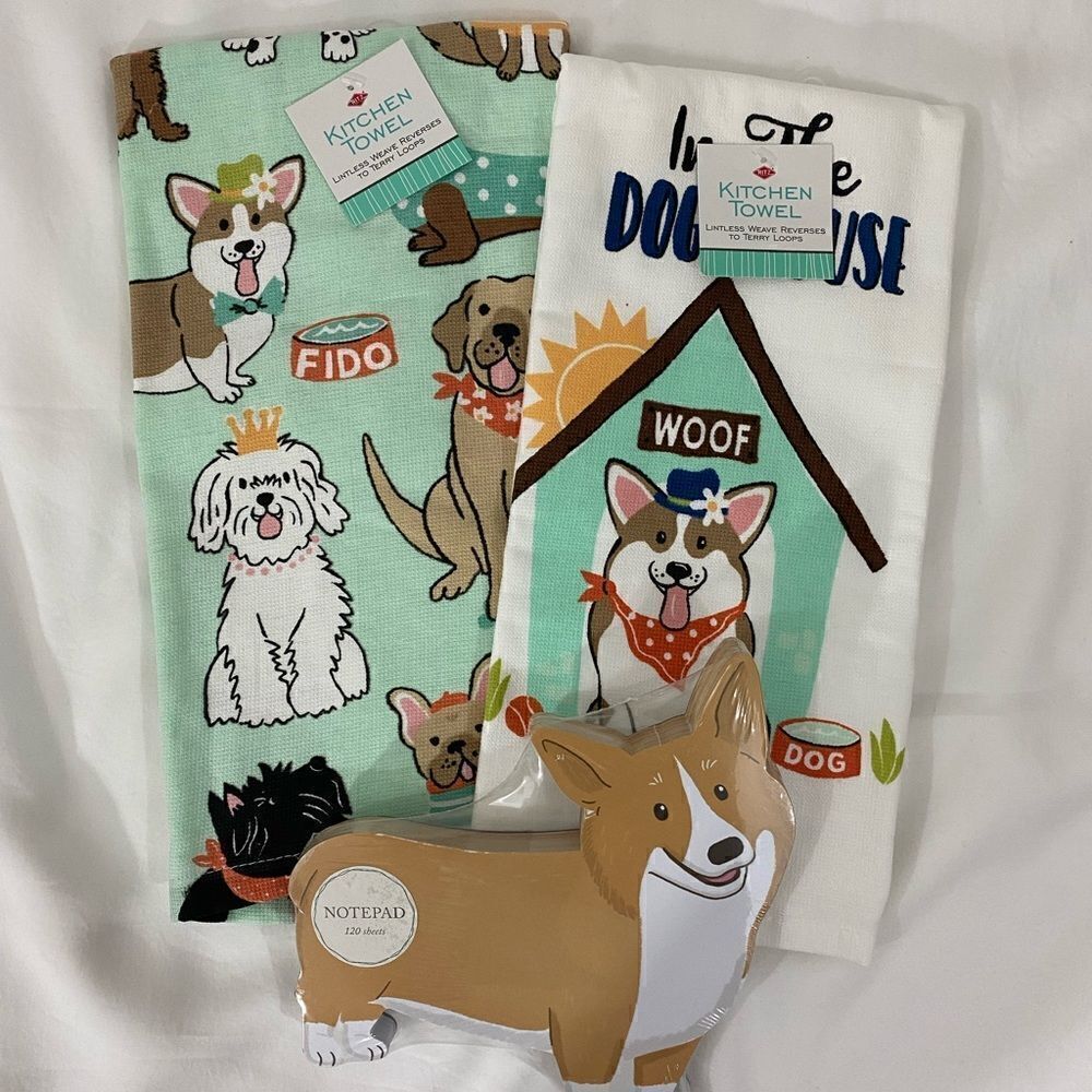 NWT Set of Two Dog /Corgi Kitchen Towels and Corgi Notepad